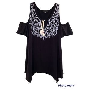 ESPRESSO tunic cold shoulder rayon black and white keyhole boho top size medium